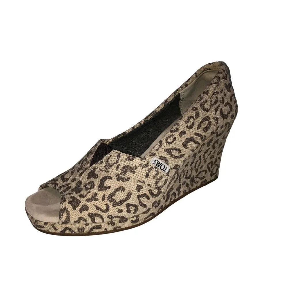 Toms Womens Size 7.5 Beige Leopard Print Peep Toe Slip On High Wedge Sandals